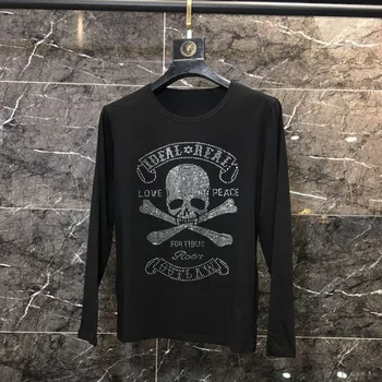 

New Shinning Skull Hot Drilling T-Shirt Black White Cotton Long sleeve t-shirt men High Quality Rhinestone Top Tees Shirt