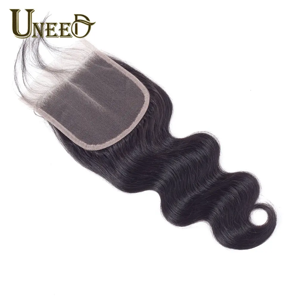 Uneed Hair Brazilian Body Wave 3 Bundles With Lace Closure 4*4 100% Human Hair Weave Bundles With Closure Remy Hair Extensions