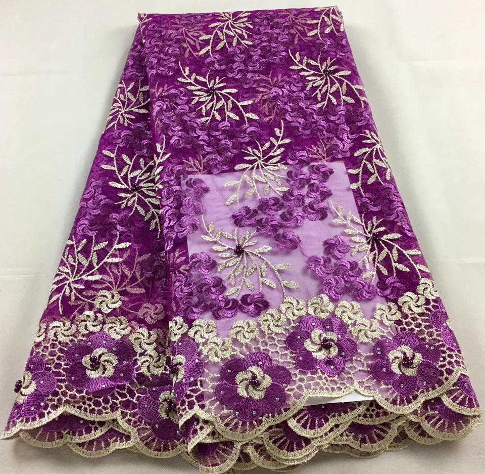 

Latest Purple African Lace Fabric 2019 High Quality Lace Embroidery French Mesh With Beads Nigerian Lace Fabrics Material KHX07B