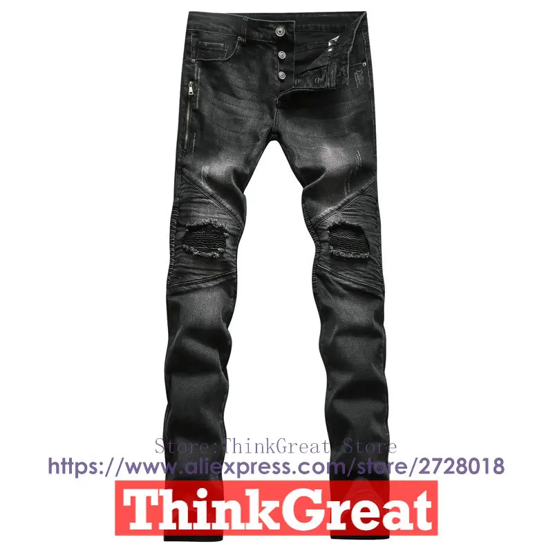 

Men's fashion slim straight button fly black biker jeans Casual pleated stretch denim pants Zippers long trousers