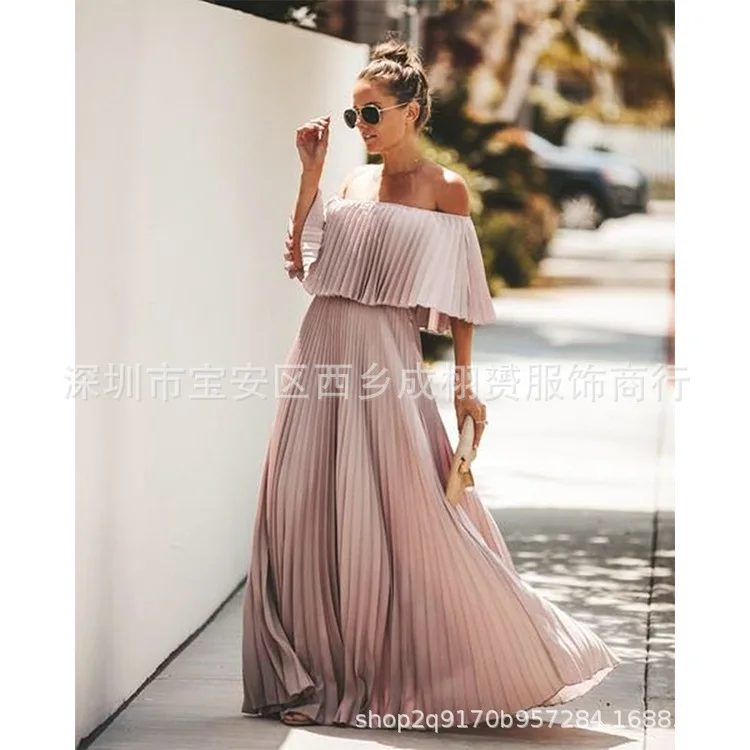 

Women Long Dress Summer Sexy Off Shoulder Swing Party Beach Dress Solid Casual Ruffle Maxi Vestidos Robe Pink Black