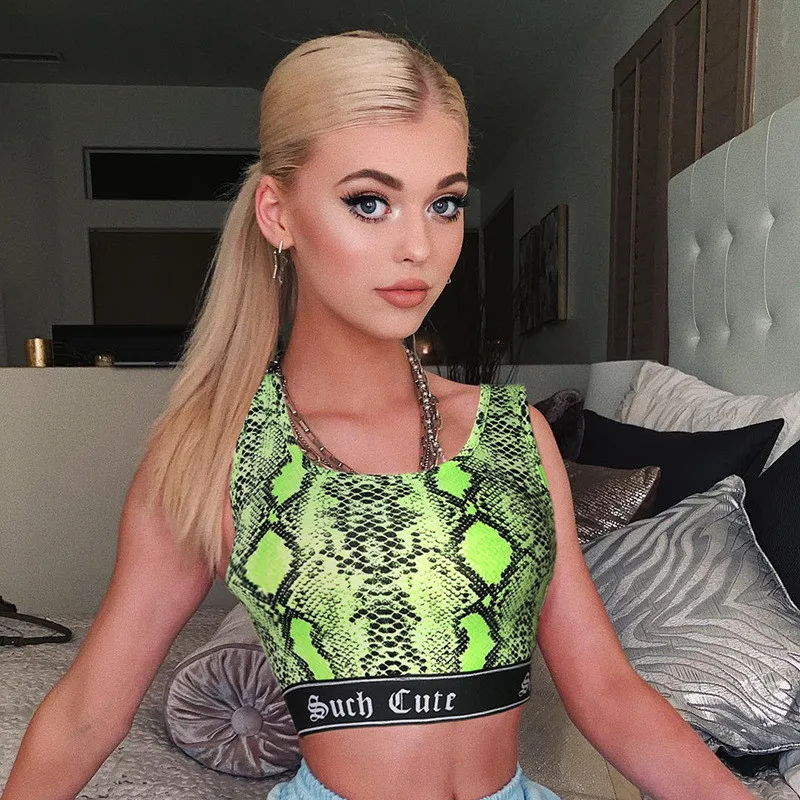 

Neon Color Snake Print Tank Top Letter Ribbon Patchwork Hem Casual Sexy Summer Crop Tops For Women Holiday Rave Clothes GRNSHTS