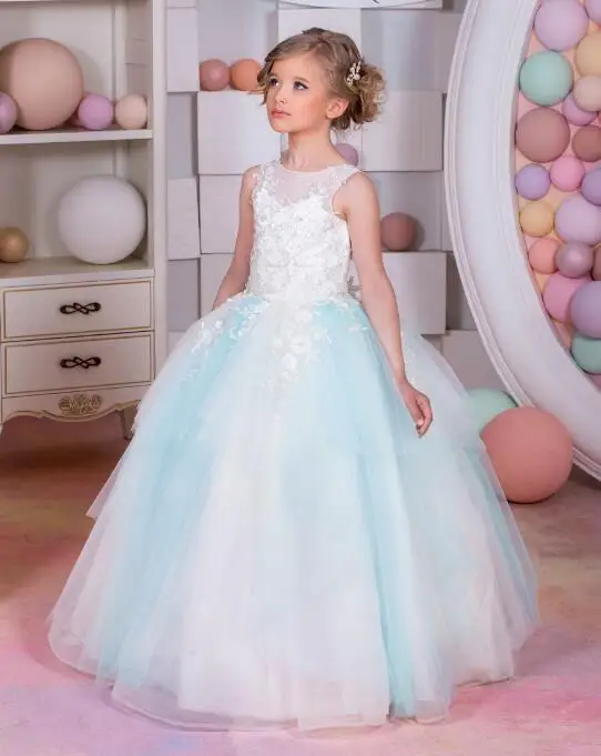 

New Puffy Tulle Customize Color Flower Girls Dresses for Wedding Lace Girls Princess Communion Dress Lango Girls Vestidos