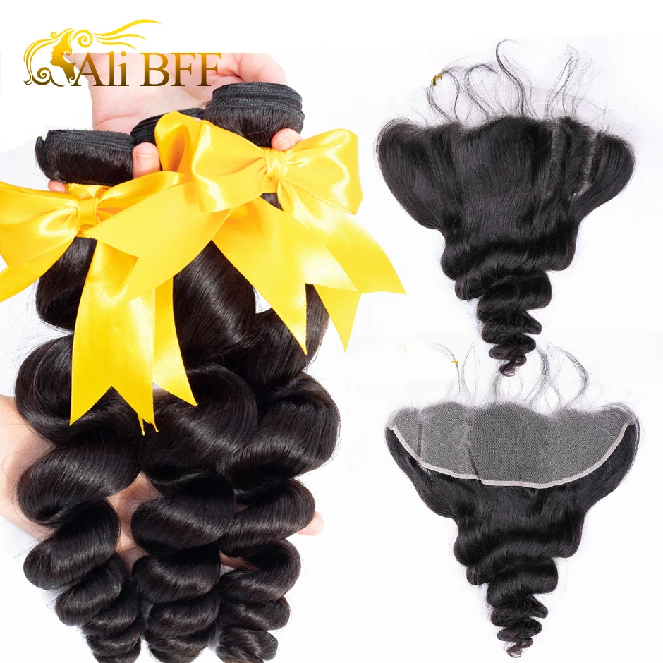 ALI BFF Malaysian Loose Wave Bundles With Frontal Closure Remy Human Hair Bundles With Frontal Closure Bouncy Curl Dyeable ALI BFF Malaysian Loose Wave Bundles With Frontal Closure Remy Human Hair Bundles With Frontal Closure Bouncy Curl Dyeable
