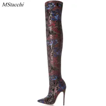 Mstacchi/высокие сапоги с вышивкой в стиле ретро; женская модная обувь на высоком каблуке; сезон весна-осень; Женские Сапоги выше колена; Размеры 33-43