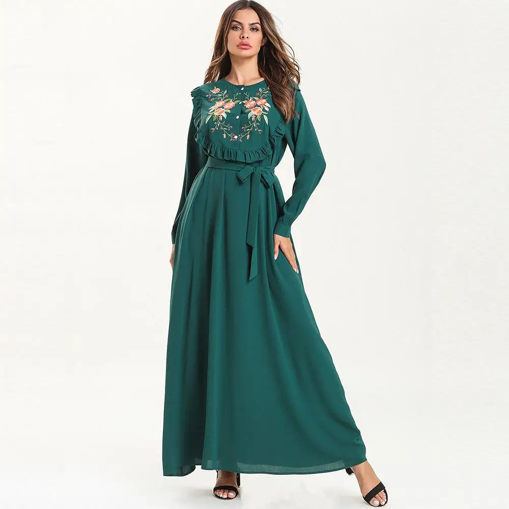 Плиссированные открытые спереди однобортные мусульманские женские длинные макси платья больших размеров бандажные цветочные вышивки