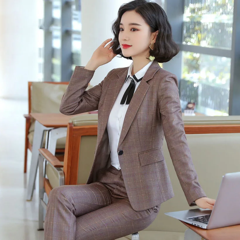 

2019 Autumn high quality Women grid Jacket & Pant suits turn-down collar Blazer & Pants Female plus size Suit OL 2 pieces set