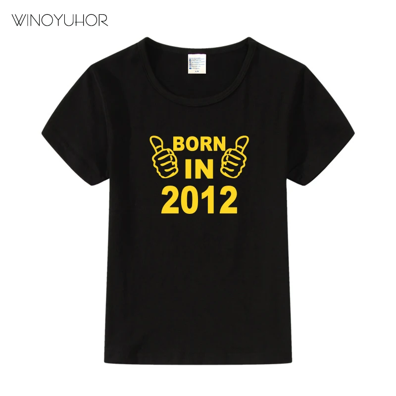 Born In 2012, футболка с буквенным принтом, детские футболки с короткими рукавами, футболки для детей 7 лет, подарок на день рождения, топы для мальчиков и девочек, футболки - Цвет: Black