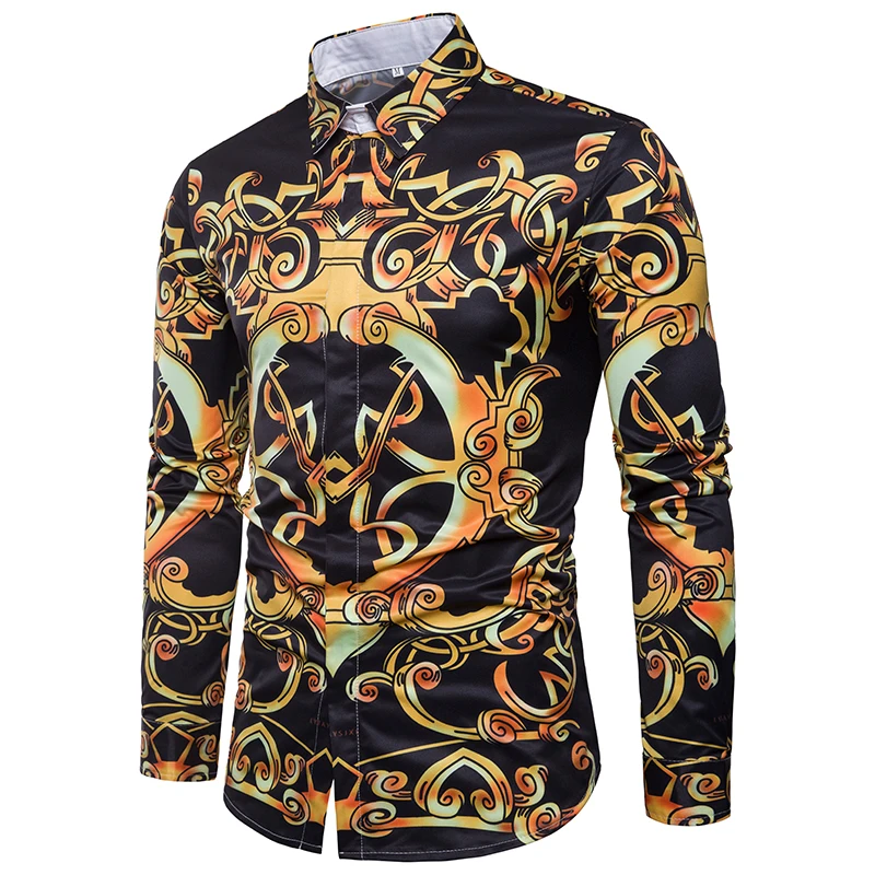Luxury Design Gold Floral Print Men's Dress Shirts 2018 Brand New Slim Fit Long Sleeve Shirt Men Casual Stylish Chemise Homme