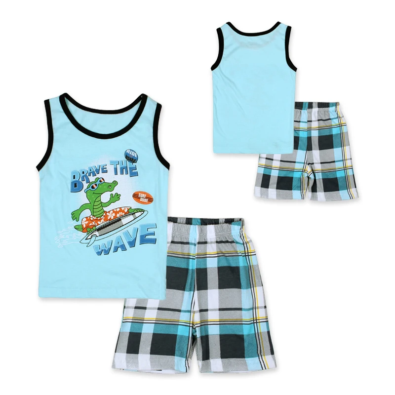 2016 Summer New Arrived Boys Sport Suit Fashion Pattern Children Clothing Set Vest + Grid Shorts Tracksuit Size 90-130 |