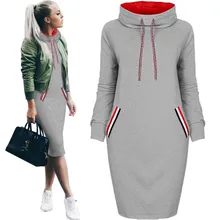 Oufisun женское осенне-зимнее платье миди приталенное повседневное однотонное платье с длинным рукавом и карманом с Капюшоном Платья S-3XL облегающее теплое платье