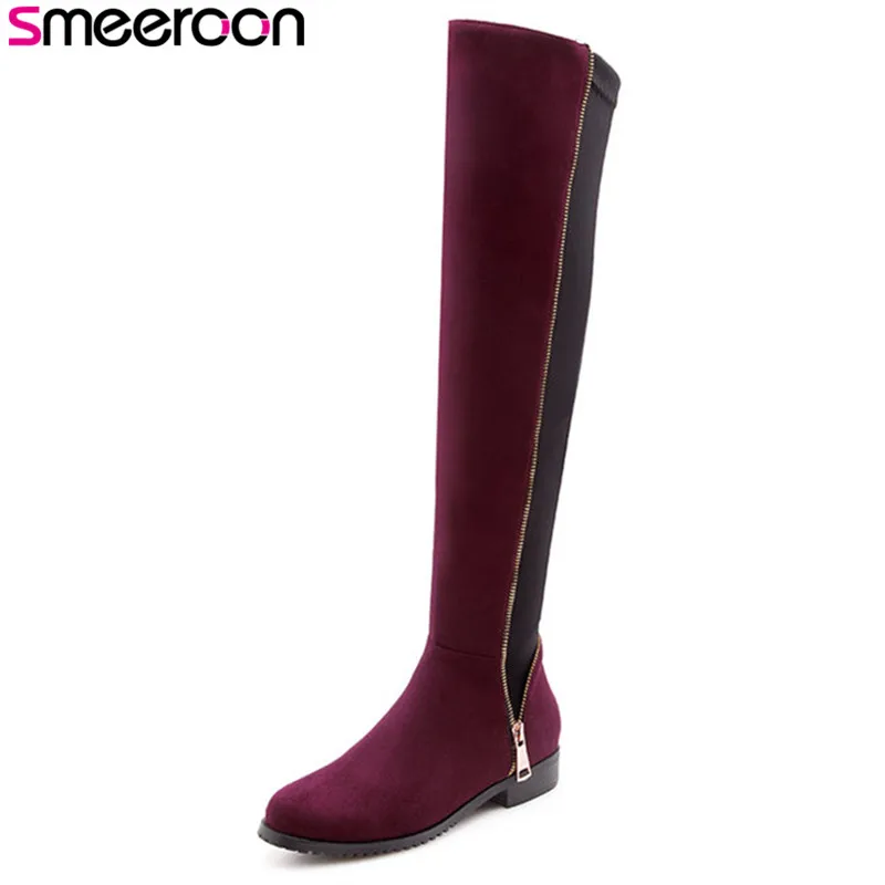 

Smeeroon fashion med heels flock slip on women boots over the knee boots round toe zipper autumn winter boots party shoes