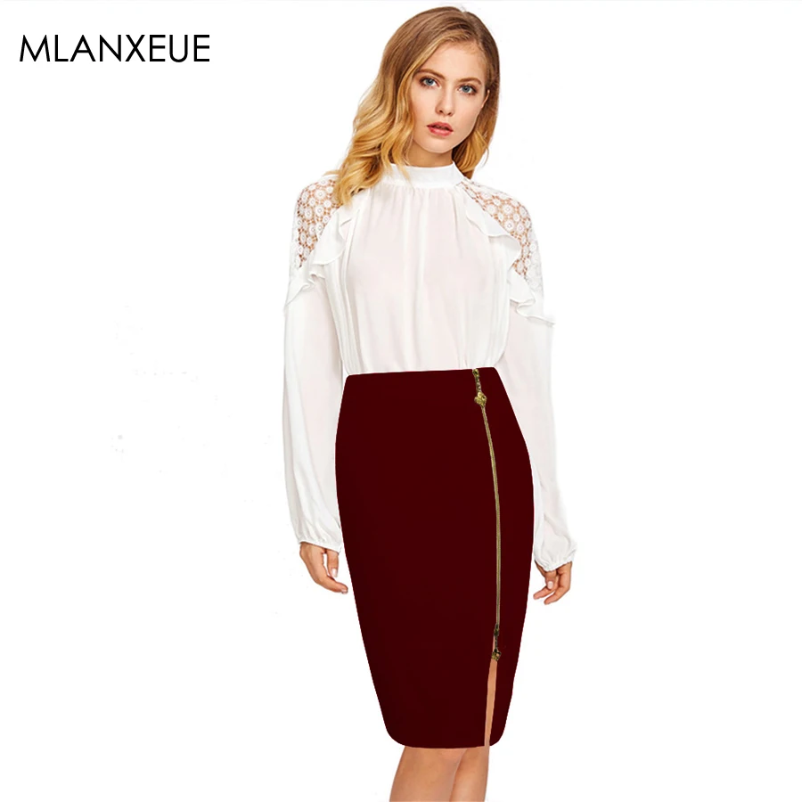 

Solid Zipper Pencil Skirts Women Plus Size Fashion Slim Hem Split Office Skirt Female Vintage High Waist Ladies Bag Hip Skirts