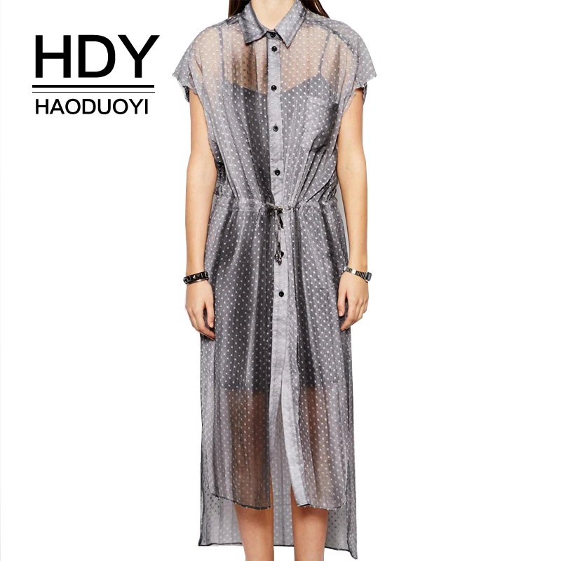 

HDY Haoduoyi Hot Casual Polka Dot Button Down Short Sleeve Long Blouse For Women Semi Sheer Waistband Split Belt High Low Shirt