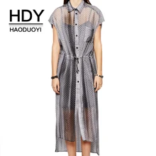 HDY Haoduoyi Hot Casual Polka Dot Button Down Short Sleeve Long Blouse For Women Semi Sheer Waistband Split Belt High Low Shirt fleece dot applique semi sheer top