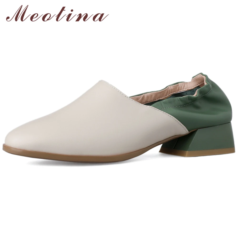

Meotina High Heels Women Shoes Natural Genuine Leather Block Heels Shoes Cow Leather Mixed Colors Ladies Pumps Green Size 34-39