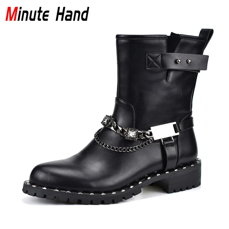 

Minute Hand Fashion Cool Women Rock Boots With Metal Chain Side Zip Female Motorcycle Boots Women Punk Ankle Boots Autumn Winter