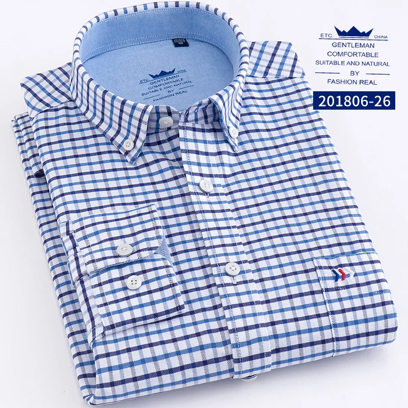 Новое поступление, хлопковая Мужская рубашка с длинным рукавом, рубашки в клетку/полосатая рубашка размера плюс 5XL, оксфордская Мужская одежда, рубашки Camisa Social - Цвет: 26 blue plaid