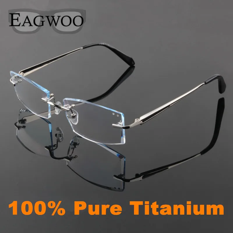 

EAGWOO Pure Titanium Eyeglasses Men Rimless Prescription Reading Myopia Glasses Big Wide Spectacle Framless Eyewear 2052