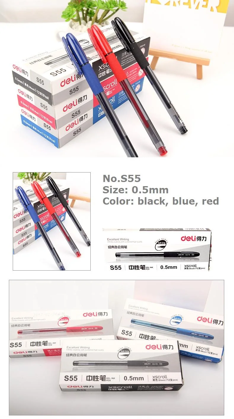 1 упаковка, 12 шт, 0,5 мм, гелевая ручка с сердечником, жидкие чернила, черные, синие, красные, для школы и офиса, тонкие ручки Deli S55