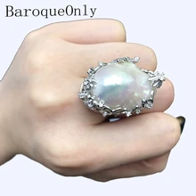 BaroqueOnly natural freshwater pearl 925 Silver Ring huge Size high gloss Baroque Irregular Pearl Ring, Women Gifts RA