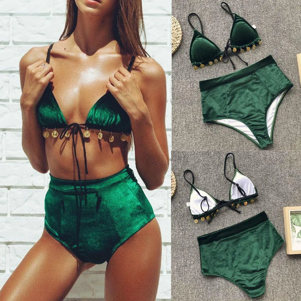 MUQGEW Горячая Ретро зеленый цвет Высокая талия сексуальный женский набор бархатных бикини подкладка пуш-ап одежда для купания купальник пляжная одежда#1220