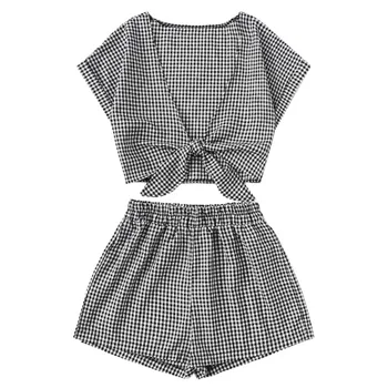 通販 ファッション女性チェック柄プリント半袖包帯 V ネックブラウス + ショーツホットパンツセットスーツ Conjuntos デ Mujer