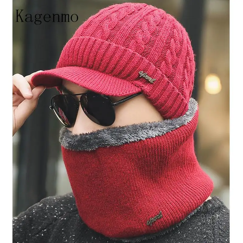 Kagenmo осенне-зимняя мужская шапочка из спандекса шарф модный теплый мужской костюм-двойка шапка шарф осенняя уличная ветрозащитная шапка теплая шерстяная вязаная - Цвет: A
