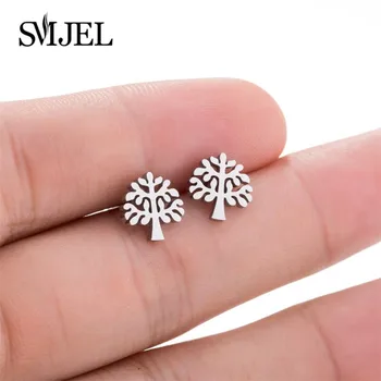 

SMJEL Tree of Life Earings Fashion Jewelry Stainless Steel Round Leaf Stud Earrings for Women Jewelry Birthday Gift Brinco