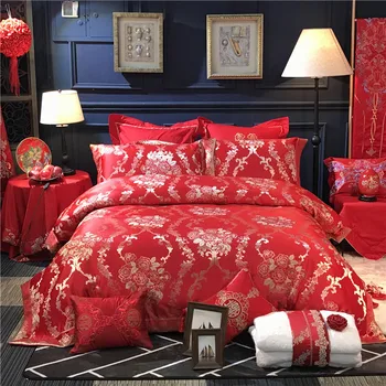 

European Style Luxury 3D Relief Damask Silk Cotton Jacquard Red Wedding Bedding Set Duvet Cover Bed sheet/Linen Pillowcases 4pcs