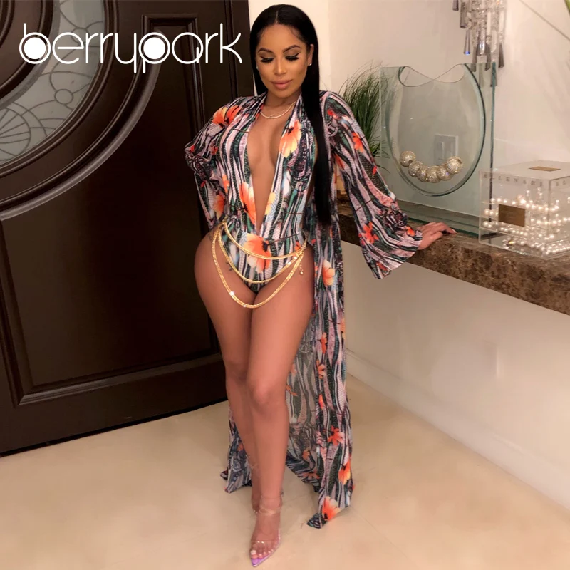 

BerryPark 2019 Floral Print Swim Bodysuit + Cover Up Bikini Set Swimsuit Women Bathing Suit Beach Wear Swimwear Drop Shipping