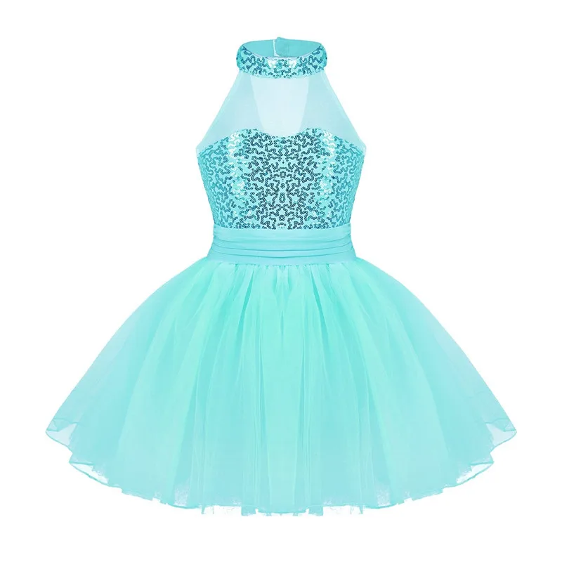 Kids Girls Mock Neck Ballet Dance Dress Gymnastic Leotard Shiny Sequins Sleeveless Mesh Splice Ballet Leotard Flower Girls Dress - Цвет: Lake Blue