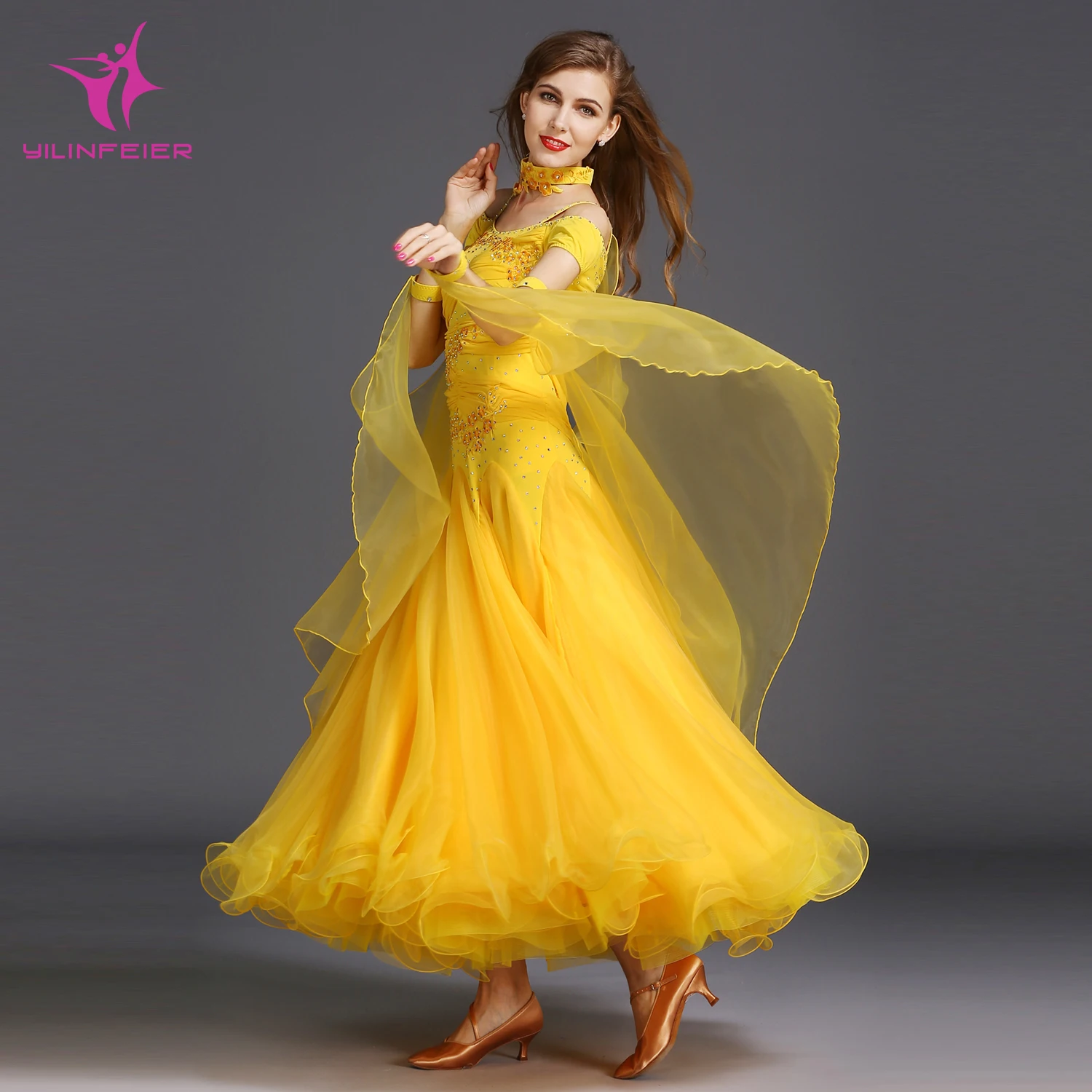 

YILINFEIER HB183 Modern Dance Costume Women Lady Waltzing Tango Rhinestone Dance Dress Ballroom Costume Evening Party Dress