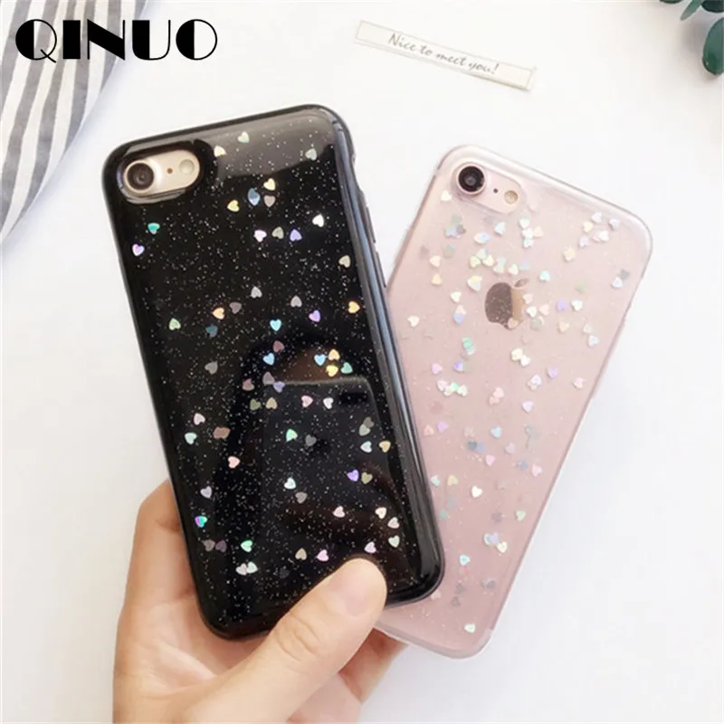 QINUO Clear Soft Silicone Case For iPhone 11 Pro Max X XS XR 6 6s 7 8 Plus Glitter Star Love Heart Telefon Kilifi Funda |