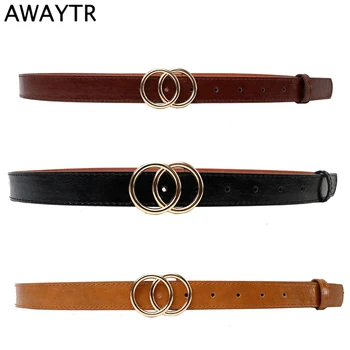 

AWAYTR New European and American Style Double Round Buckle Belt For Women Ladies Casual Belt For Jeans Fashion Girls Belt