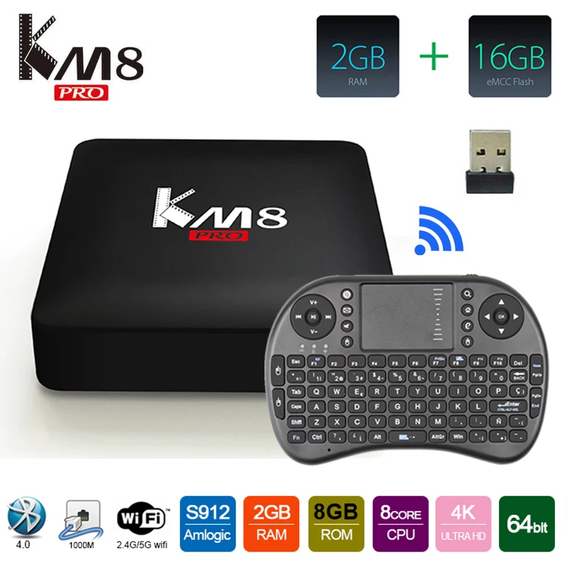 

Android TV Box Amlogic S912 Tv Box KM8 Pro Octa-Core 2G/16G Android 6.0 Marshmallow Wifi HDMI 4K HDR BT Media Player+i8 keyboard