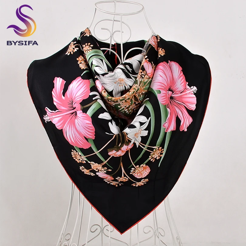 

BYSIFA Black Pink Scarf Shawl New Design Lily Narcissus Women Pure Silk Scarf Cape 90*90cm Autumn Winter Scarves Wraps Navy Blue