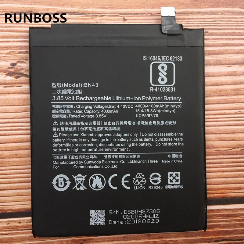 

Runboss For Xiaomi Redmi Note 4X Battery For Xiaomi Redmi Note 4X BN43 4100mAh Rechargeable Li-ion Built-in Mobile Phone Battery
