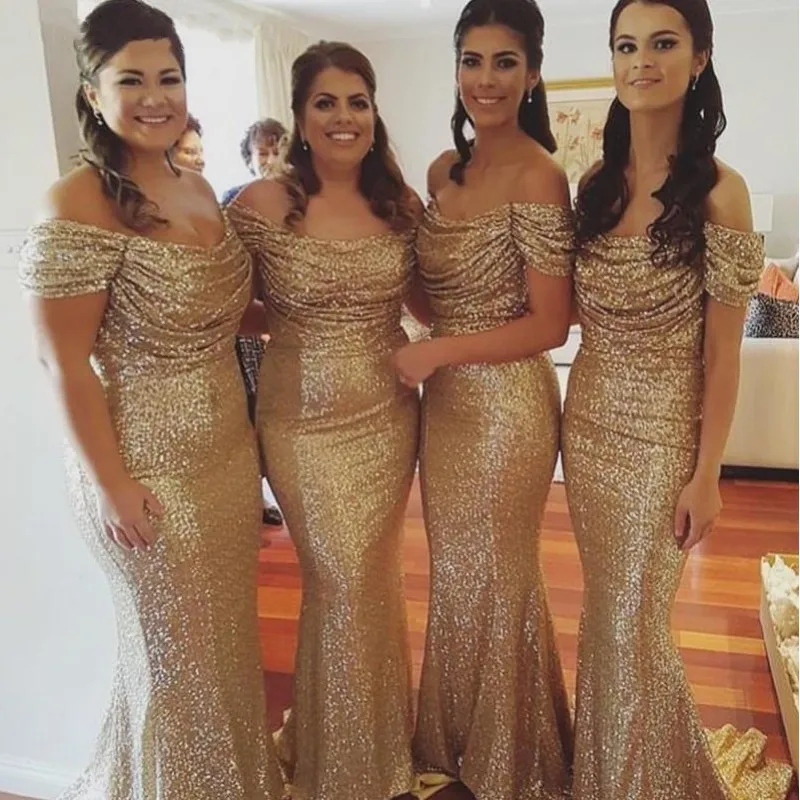 Шампанское золотыми блестками платье подружки невесты в стиле русалки Длинные страна топ с открытыми плечами Свадебная вечеринка