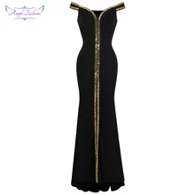 Angel-Fashion женское вечернее платье черного цвета с вырезом лодочкой и золотыми блестками, длинное вечернее платье 398