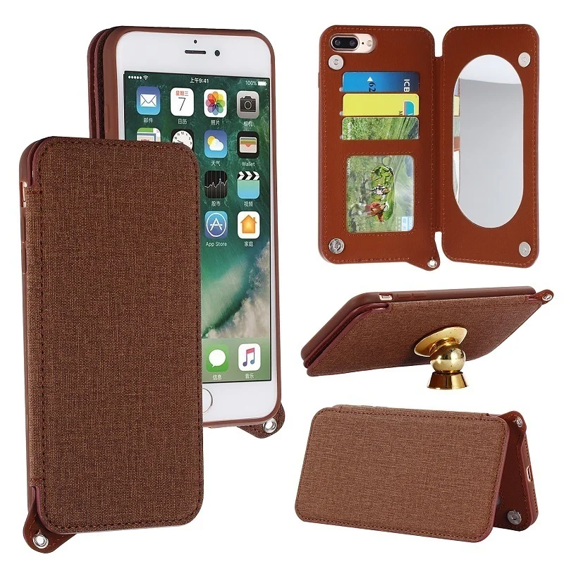 Koop Luxe Wallet Card Slot Spiegel Auto Houder Stand Magnetische Case Voor Iphone X 5 5 s Se 6 s 6 7 7 plus 8 Plus Ketting PU Lederen Cover
