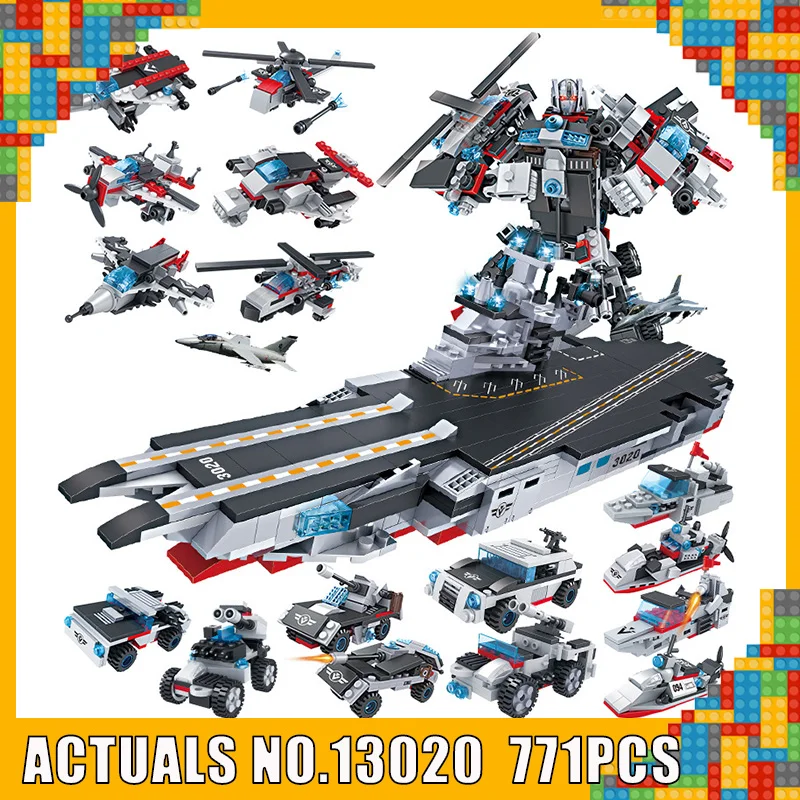 

Cogo 13020 8in1 Military Fighter Car Helicopter Ship Robot Aircraft Carrier Building Blocks Compatible with Legoe Children Toys