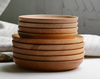 

1pc Kitchenware salad plates wood bowl shallow circle round dish tabletop fruit tray simple design wooden tray kitchen tools set