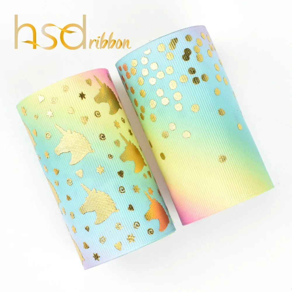 

HSD Ribbon 75mm 3inch rainbow with gold pattern foil on Grosgrain Ribbon