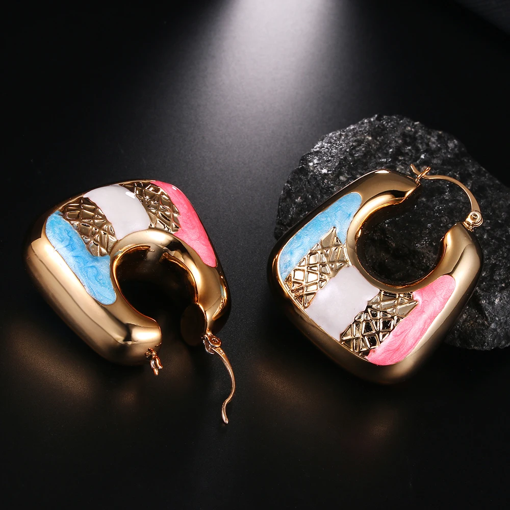 Ethlyn новые нигерийские золотистого цвета квадратный Форма полые серьги, женские цветные глазурные кольцо волшебный цветок свадебные медные ювелирные изделия E165