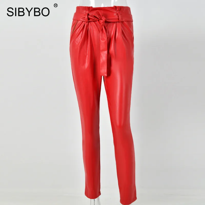 Sibybo/повседневные женские брюки с высокой талией из искусственной кожи; осенние модные узкие брюки на завязках; женские уличные брюки с карманами