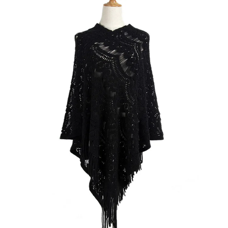 

2019 Autumn Asymmetric Style Crochet Poncho Fashion Jumper Hollow Out Cloak Sweater Women Knit Pullover with Tassel Cape Femme