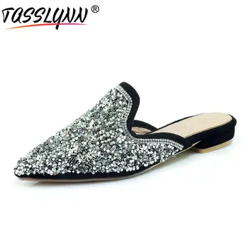 

TASSLYNN 2018 Low Heels Woman Summer Slippers Square Heels Women Slippers Shoes Sequins Outside Pointed Toe Shoes Size 34-43
