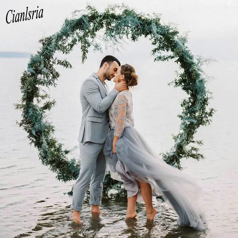 

New Arrival Smoky blue Beach Wedding Dress 2019 Lace Three Quarter Sleeve Bridal Gowns Romantic Beading Tulle Vestido De Noiva