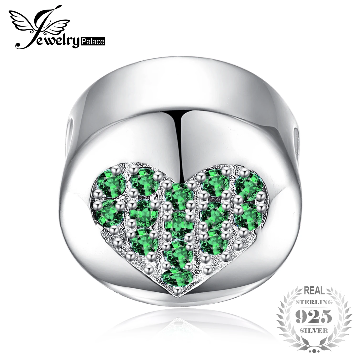 

JewelryPalace Wish You Success Round Green Cubic Zirconia Heart Ball Bead Charm 925 Sterling Silver Fashion Women DIY Beads